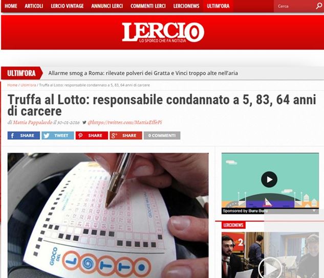 Lercio.it scherza col gioco: 'Truffatore del Lotto condannato a 5, 83 e 64 anni di carcere'